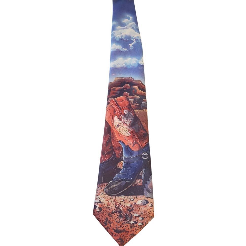 Vintage Ralph Marlin "Boots & Spurs" Mens Tie Necktie 1992 Blue with Cowboy Boot